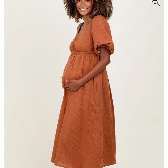 Rust Ribbed Puff Sleeve Tie Back Maternity Midi Dress - Picture 2 of 5